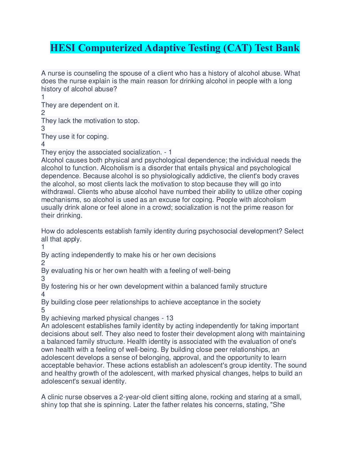 Preview image for HESI CAT exam Test Bank. All new for 2025!/ HESI Computerized Adaptive Testing (CAT) Test Bank With Rationales.